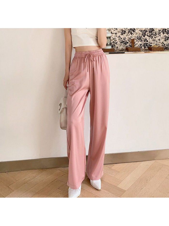  new cloud pants Satin summer lace up loose casual pants straight tube pearl yarn drop feeling wide leg pants 