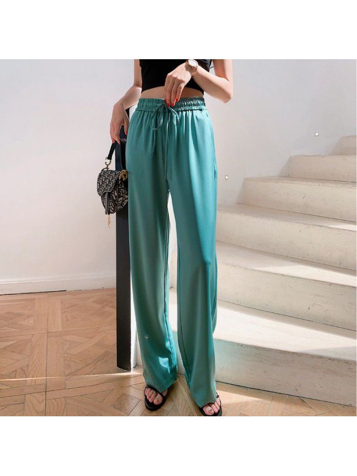  new cloud pants Satin summer lace up loose casual pants straight tube pearl yarn drop feeling wide leg pants 