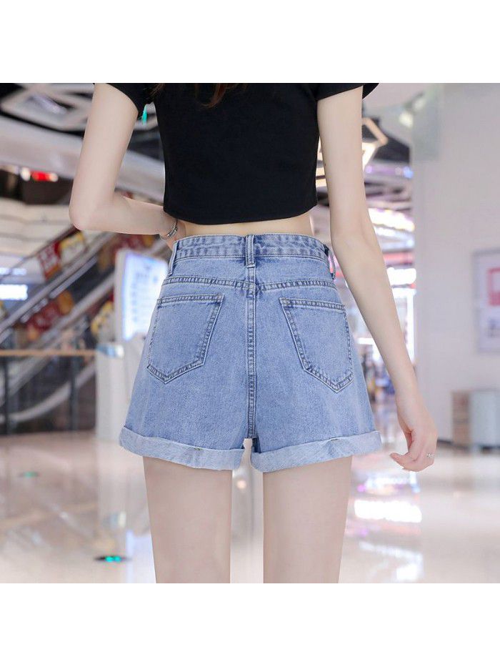 High waist denim shorts women's summer  new fashion casual thin loose A-line thin wide leg curled hot pants 