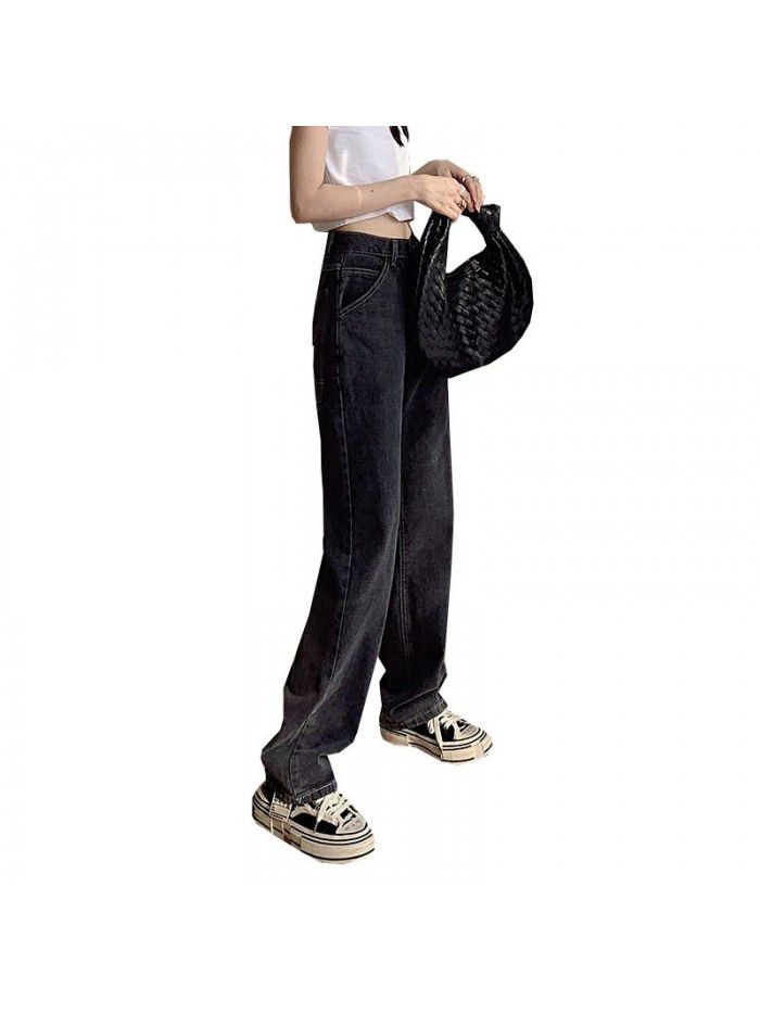 Grey jeans women's straight baggy pants  new autumn high waisted slim and wide legged dad pants 