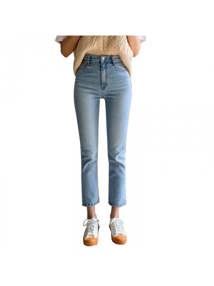 High waist straight jeans women's  summer new small 8-inch loose and thin light blue 9-inch pipe pants 