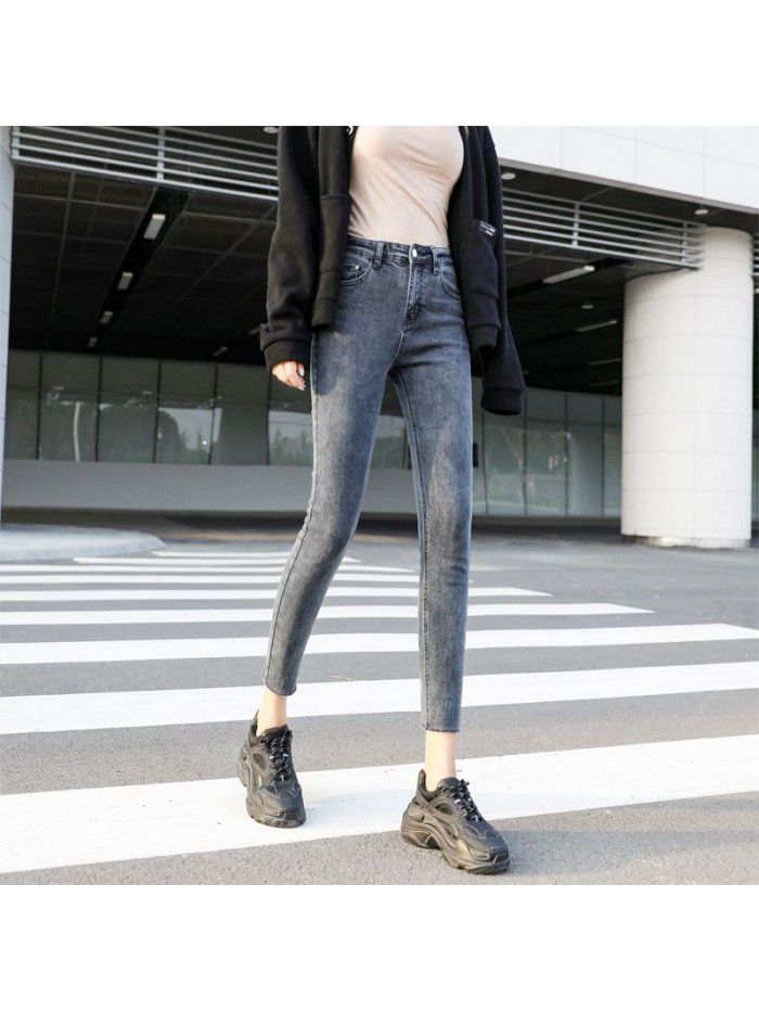 High waisted jeans women's new tight and slim quarter pants in autumn  