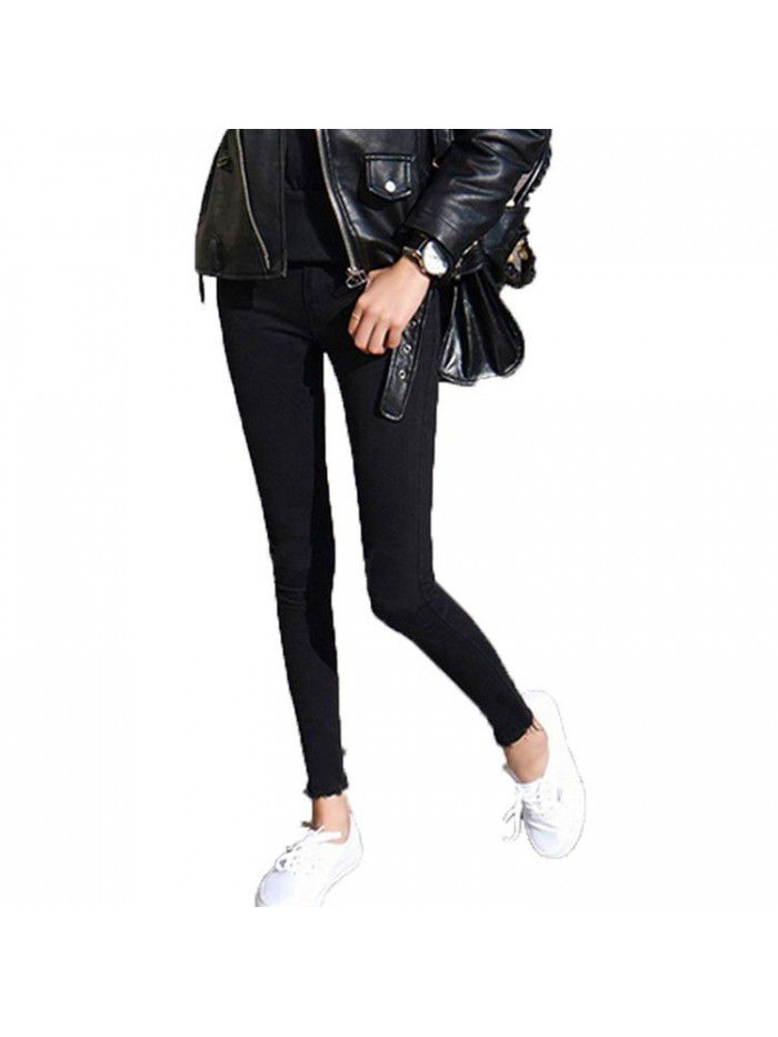 Hole jeans women's black high waist quarter tight little feet slim elastic Korean version showing thin beggar's rotten pants trend 