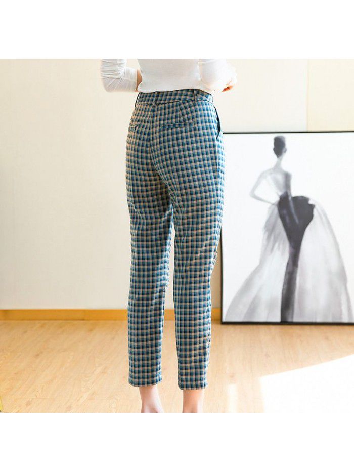 Green Plaid 9-point suit pants women's drape feeling 