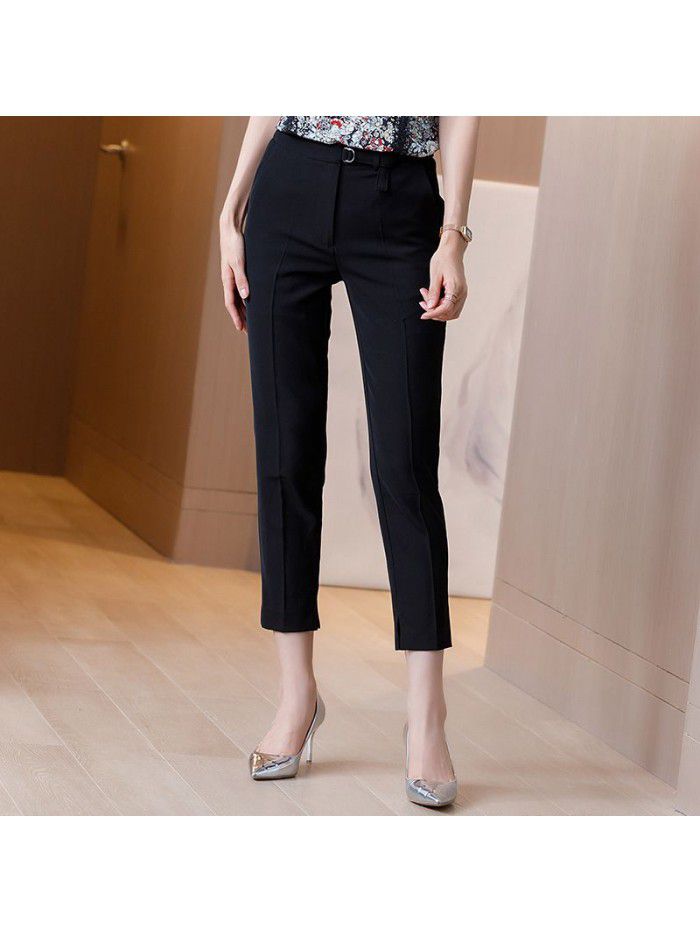 Casual suit pants women's straight tube loose high waist nine point small feet summer thin style versatile slim black pipe pants 