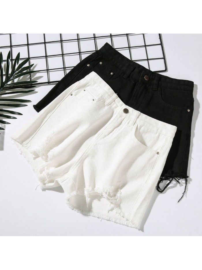 Black Denim Shorts women's summer wear beggars  new loose A-line burr hole hot pants fashion 