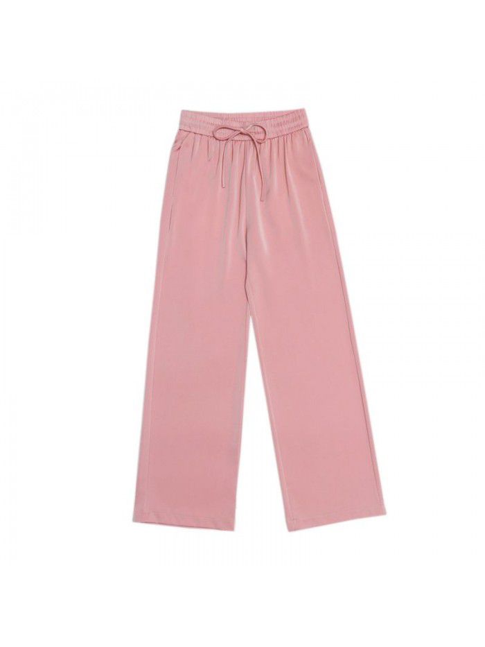  new cloud pants Satin summer lace up loose casual pants straight tube pearl yarn drop feeling wide leg pants 