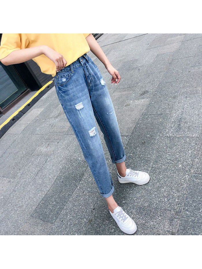 Autumn and winter  light color hole washed medium waist Capris loose women's jeans Leggings Harem Pants 