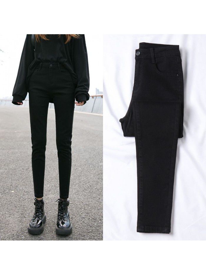 Black jeans women's cropped pants fall  