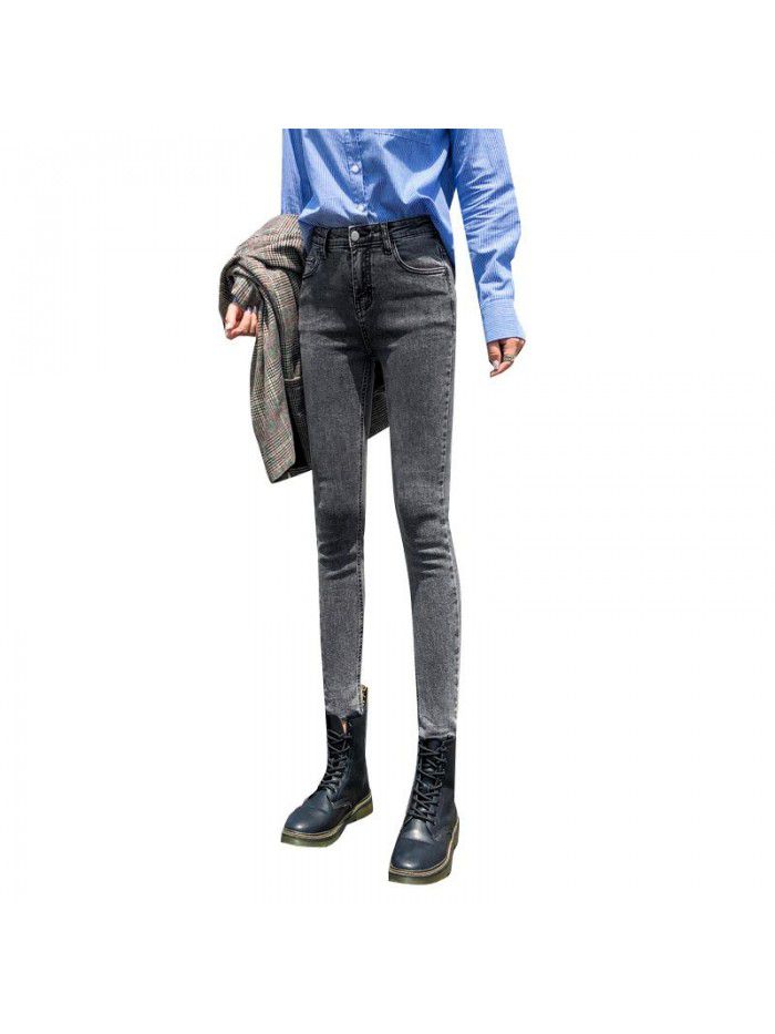 High waisted jeans women's grey small foot 8-point slim autumn  new Korean slim stretch 9-point pants 
