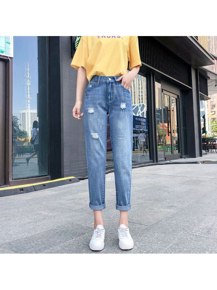 Autumn and winter  light color hole washed medium waist Capris loose women's jeans Leggings Harem Pants 