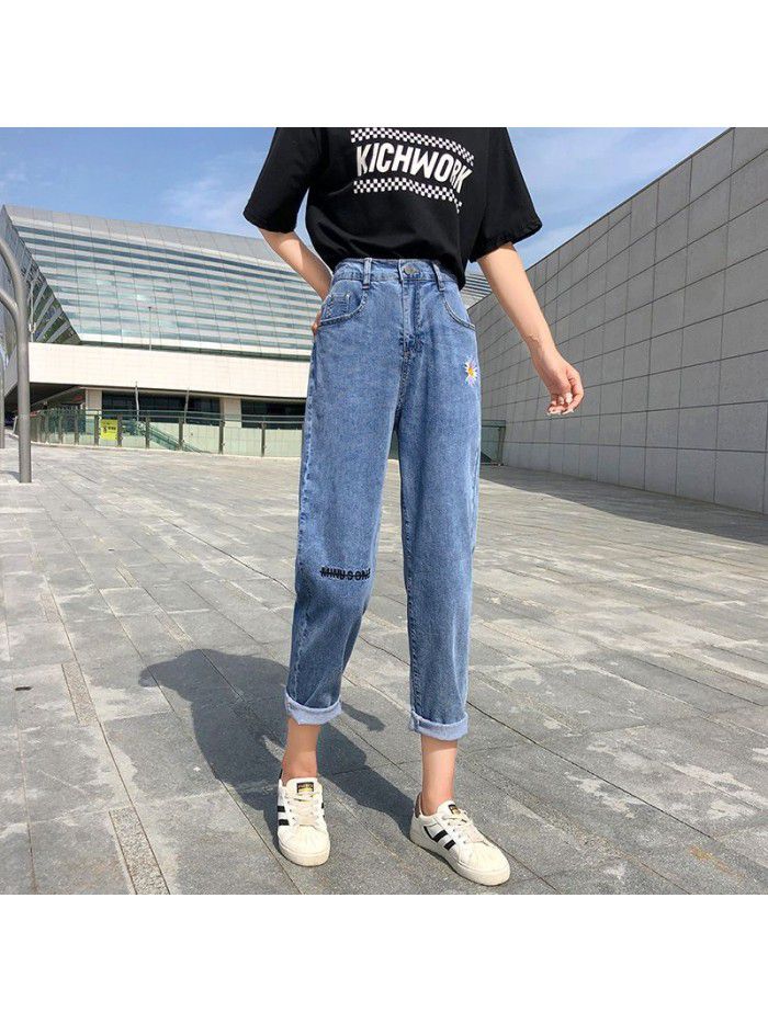 Autumn  new straight tube loose hole pants show thin daddy nine point radish pants 