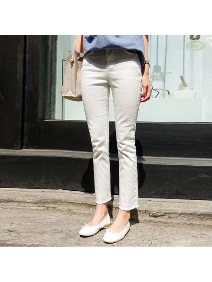 White Straight Jeans Women's lace Capris  spring chic Korean stretch slim high waist Capris 