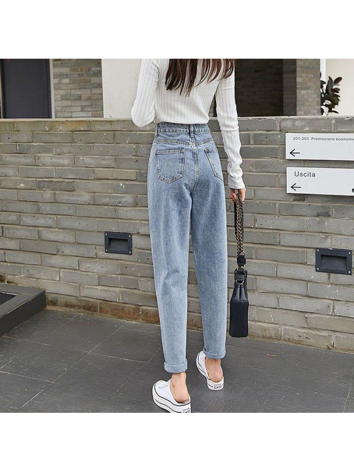 autumn jeans Harlan cross pants women's pants double button high waist loose jeans women's pants 