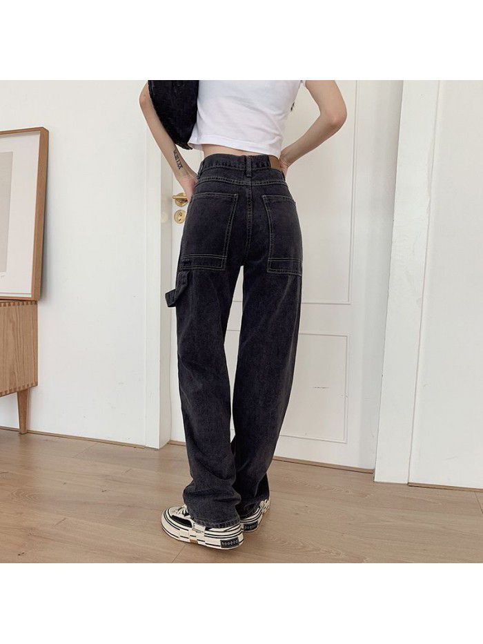 Grey jeans women's straight baggy pants  new autumn high waisted slim and wide legged dad pants 