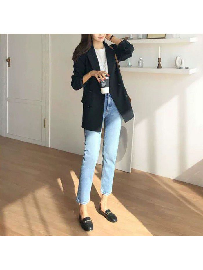 High waist straight jeans women's  summer new small 8-inch loose and thin light blue 9-inch pipe pants 