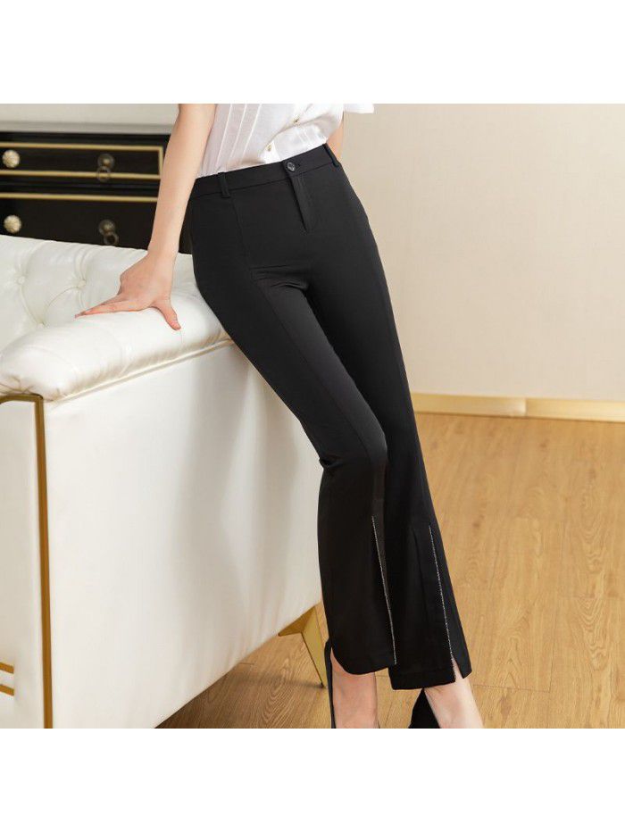 Casual pants  spring new Capris high waist micro flared pants slim slim split black flared pants female 