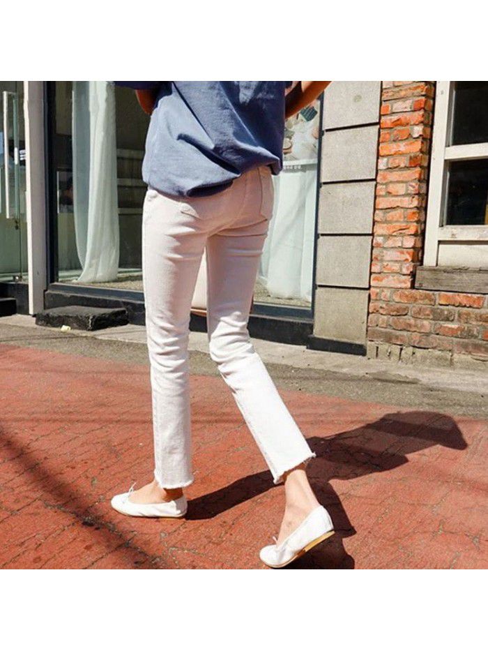 White Straight Jeans Women's lace Capris  spring chic Korean stretch slim high waist Capris 