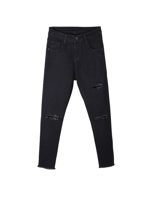 Pierced jeans women's black high waist nine p...