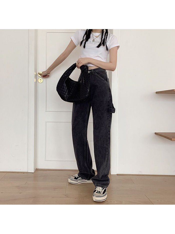 Grey jeans women's straight baggy pants  new autumn high waisted slim and wide legged dad pants 