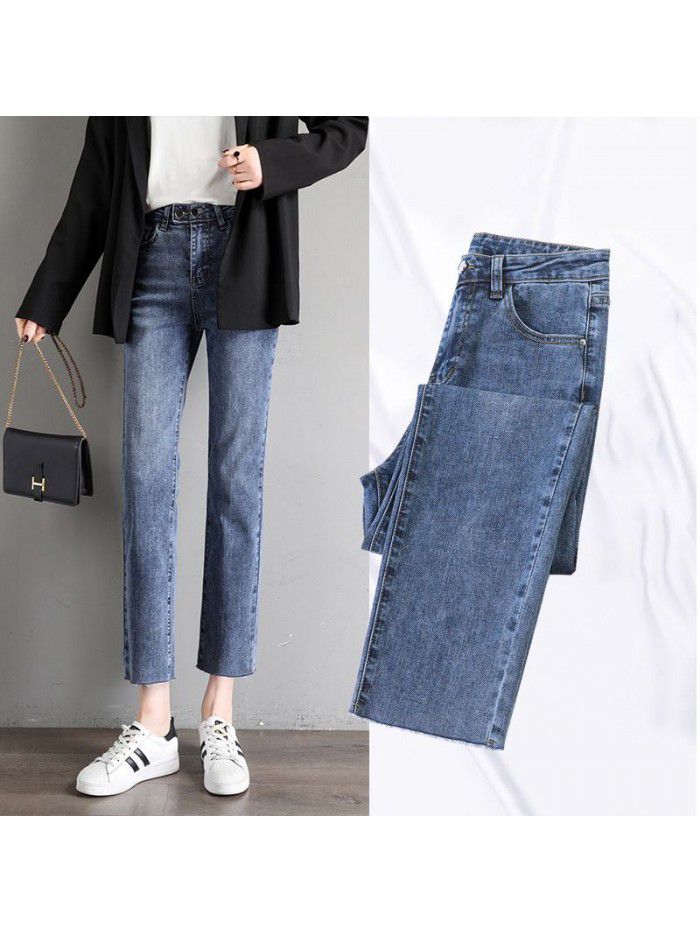 Jeans women's  spring and summer new high waist Korean version show thin show high student loose fashion nine point straight pants 
