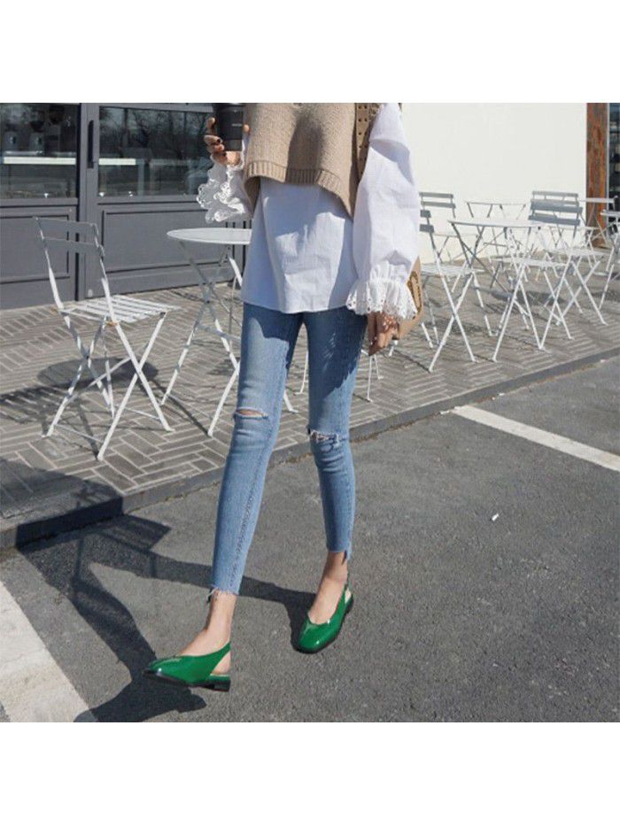 Light color ragged jeans women's nine point beggar pants high waist elastic tight show thin eight point small foot pencil pants fashion 