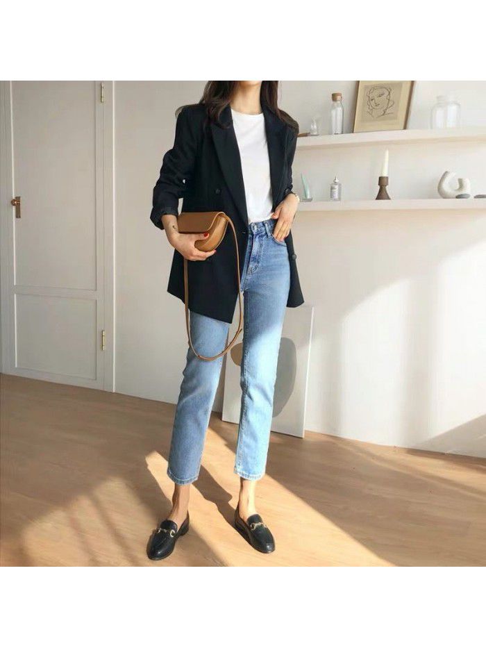 High waist straight jeans women's  summer new small 8-inch loose and thin light blue 9-inch pipe pants 