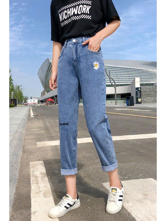 Autumn  new straight tube loose hole pants show thin daddy nine point radish pants 