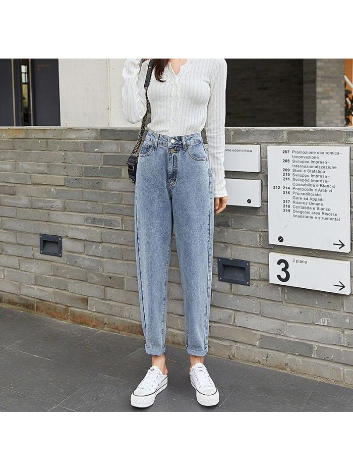 autumn jeans Harlan cross pants women's pants double button high waist loose jeans women's pants 