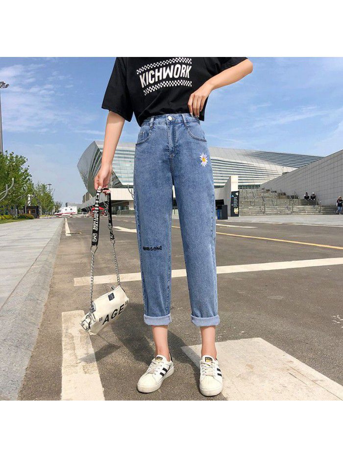 Autumn  new straight tube loose hole pants show thin daddy nine point radish pants 