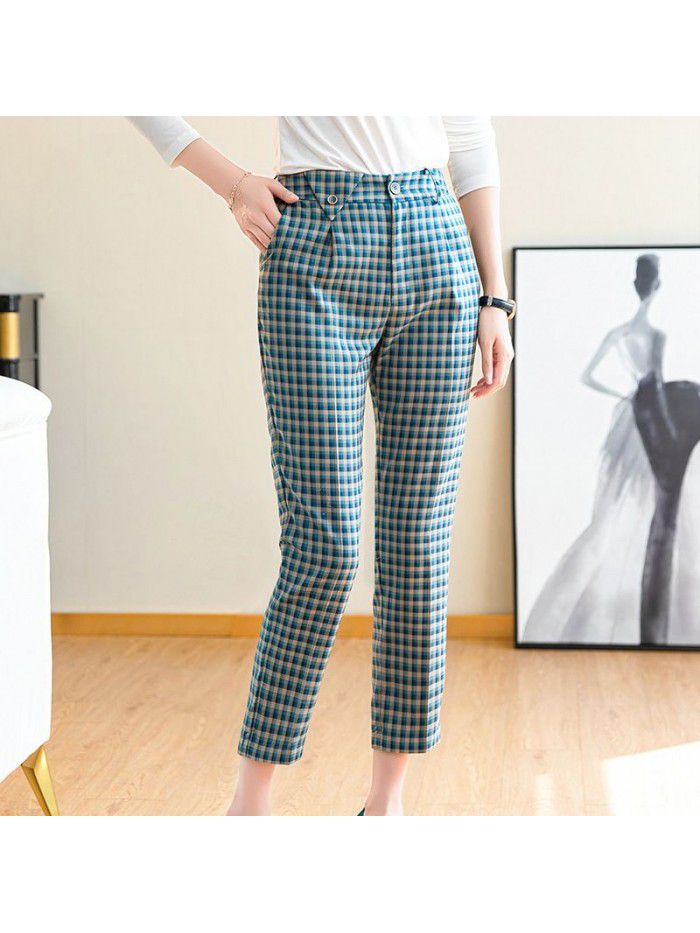 Green Plaid 9-point suit pants women's drape feeling 