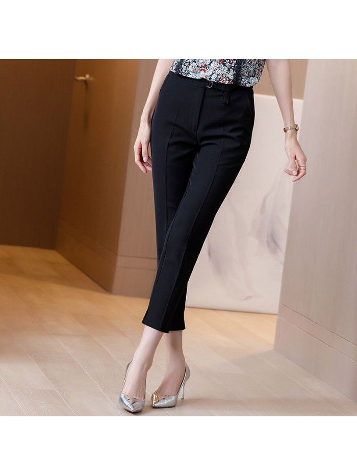 Casual suit pants women's straight tube loose high waist nine point small feet summer thin style versatile slim black pipe pants 