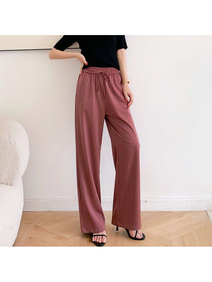  new cloud pants Satin summer lace up loose casual pants straight tube pearl yarn drop feeling wide leg pants 