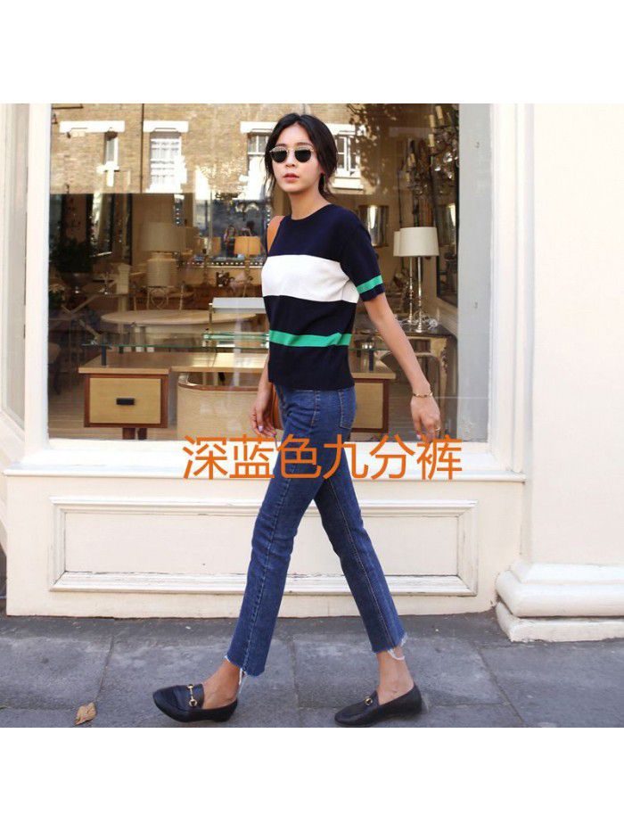 Black jeans women's straight pants spring  new high waist slim 8-inch stretch loose 9-inch wide leg pants 