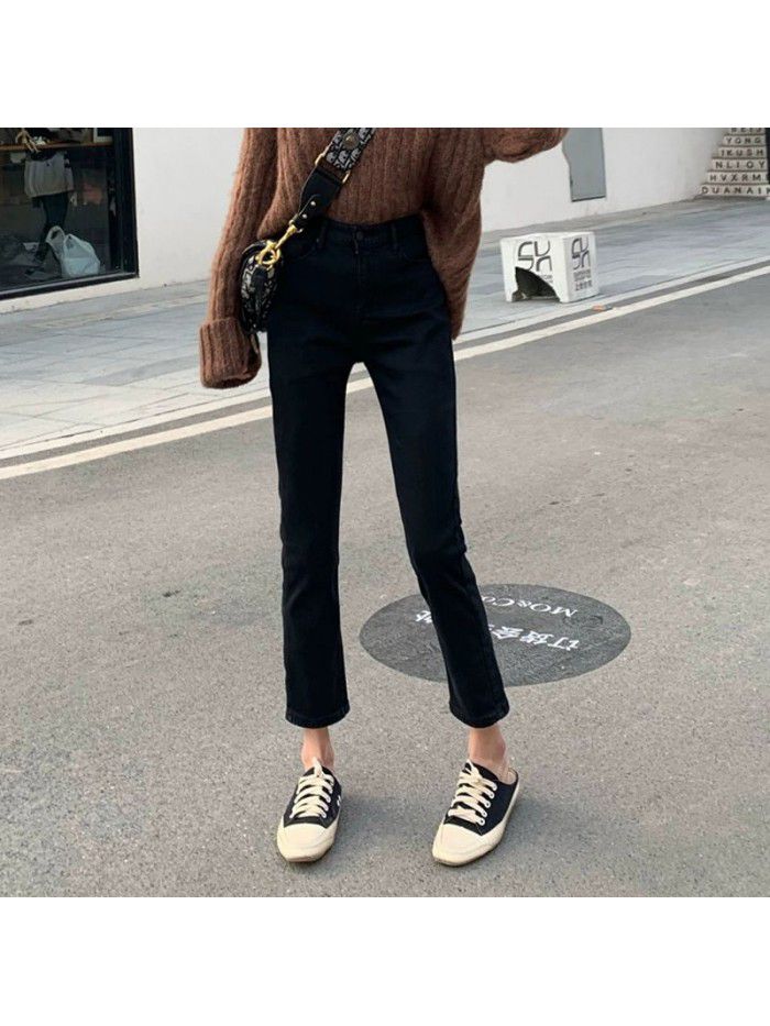 High waist straight jeans women's  summer new small 8-inch loose and thin light blue 9-inch pipe pants 