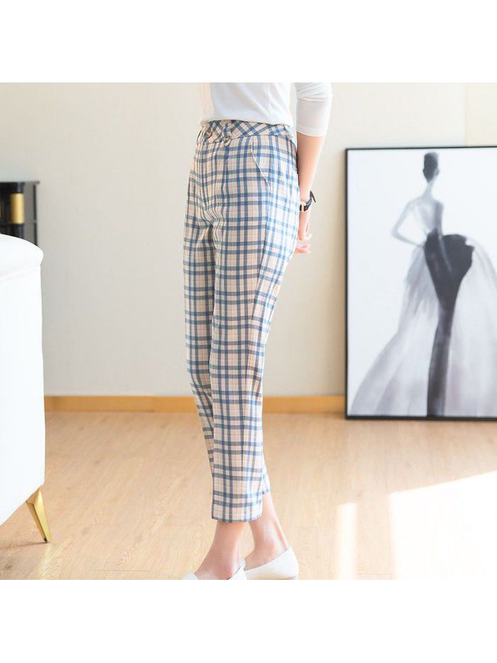 Plaid casual pants women's  summer dress new style foreign style high waist slim slim straight leg pants 
