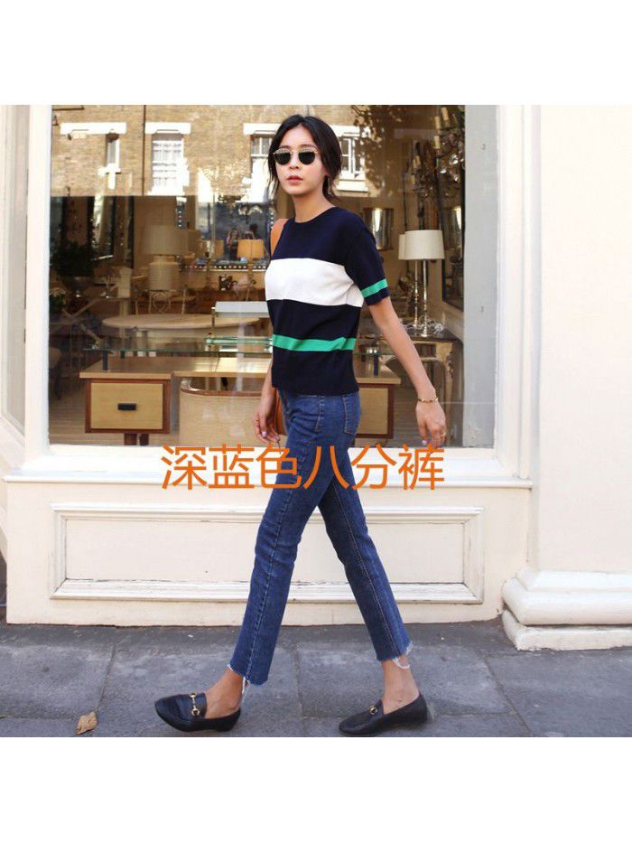 Black jeans women's straight pants spring  new high waist slim 8-inch stretch loose 9-inch wide leg pants 