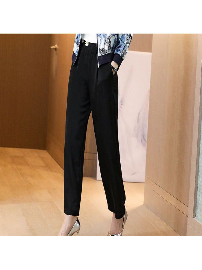 Black silk casual pants women's summer  new small zouju embroidery loose mulberry silk wide leg pants women's trendy pants 