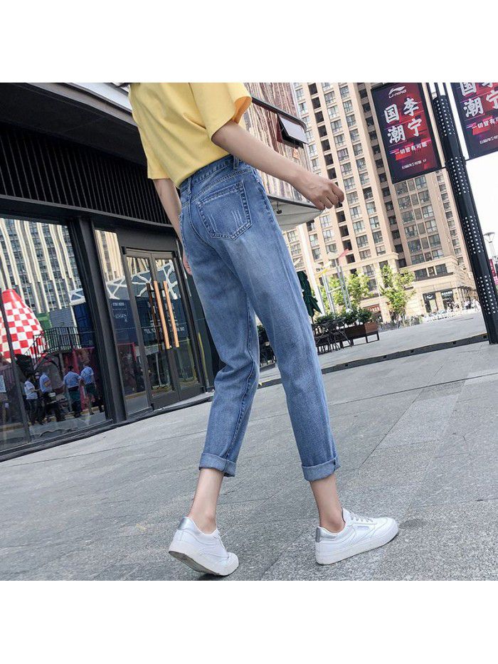 Autumn and winter  light color hole washed medium waist Capris loose women's jeans Leggings Harem Pants 