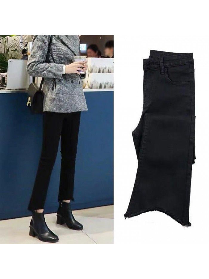 Black micro flared pants women's Capris spring / summer  new Korean stretch slim high waist cropped jeans 