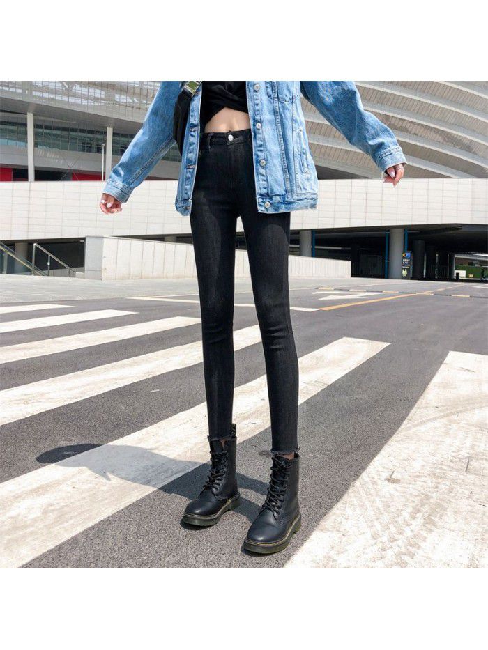 High waisted jeans women's new tight and slim quarter pants in autumn  