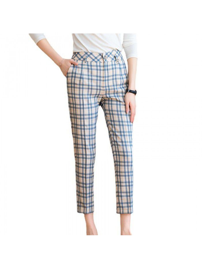 Plaid casual pants women's  summer dress new style foreign style high waist slim slim straight leg pants 