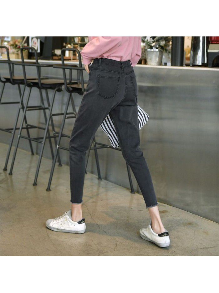 Smoke grey jeans women's radish pants  new high waist Korean versatile Leggings show thin loose Harem Pants 