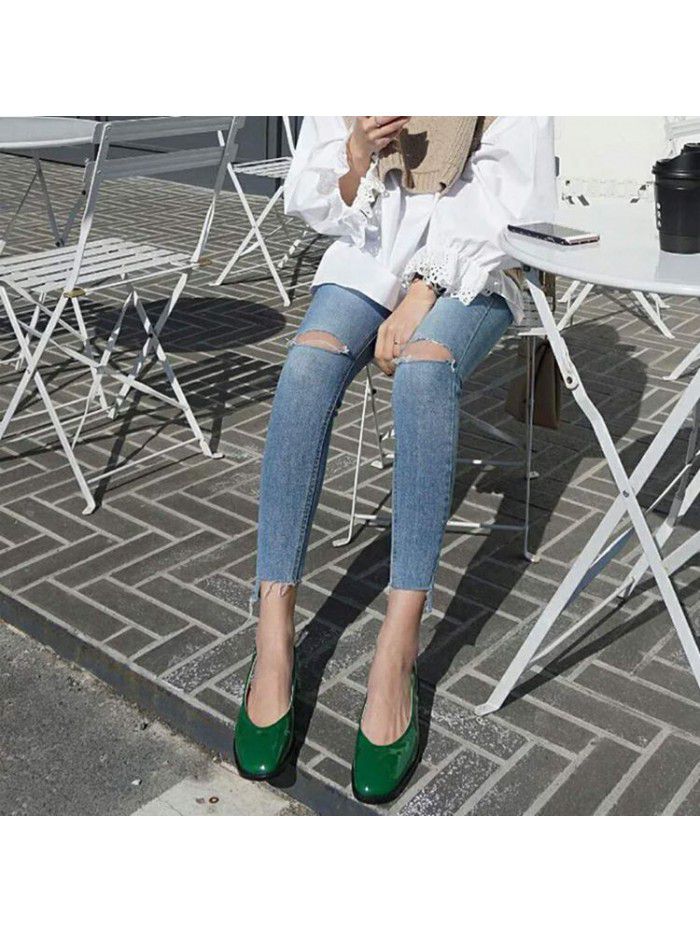 Light color ragged jeans women's nine point beggar pants high waist elastic tight show thin eight point small foot pencil pants fashion 