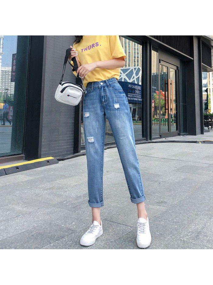 Autumn and winter  light color hole washed medium waist Capris loose women's jeans Leggings Harem Pants 