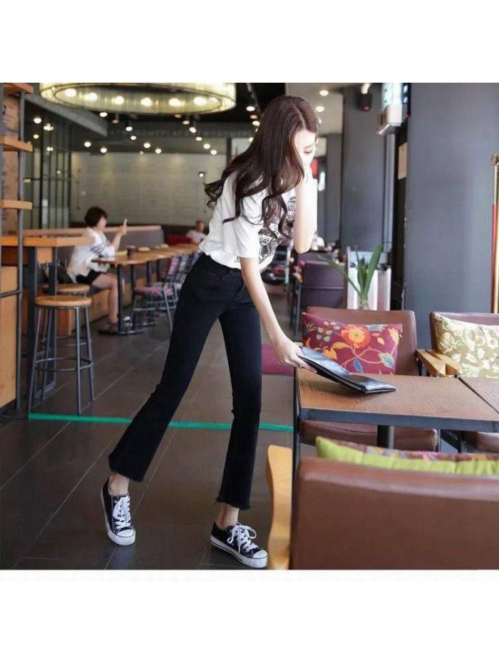 Dark blue micro trumpet jeans women's quarter  spring and summer new slim high waist chic wide leg quarter pants 
