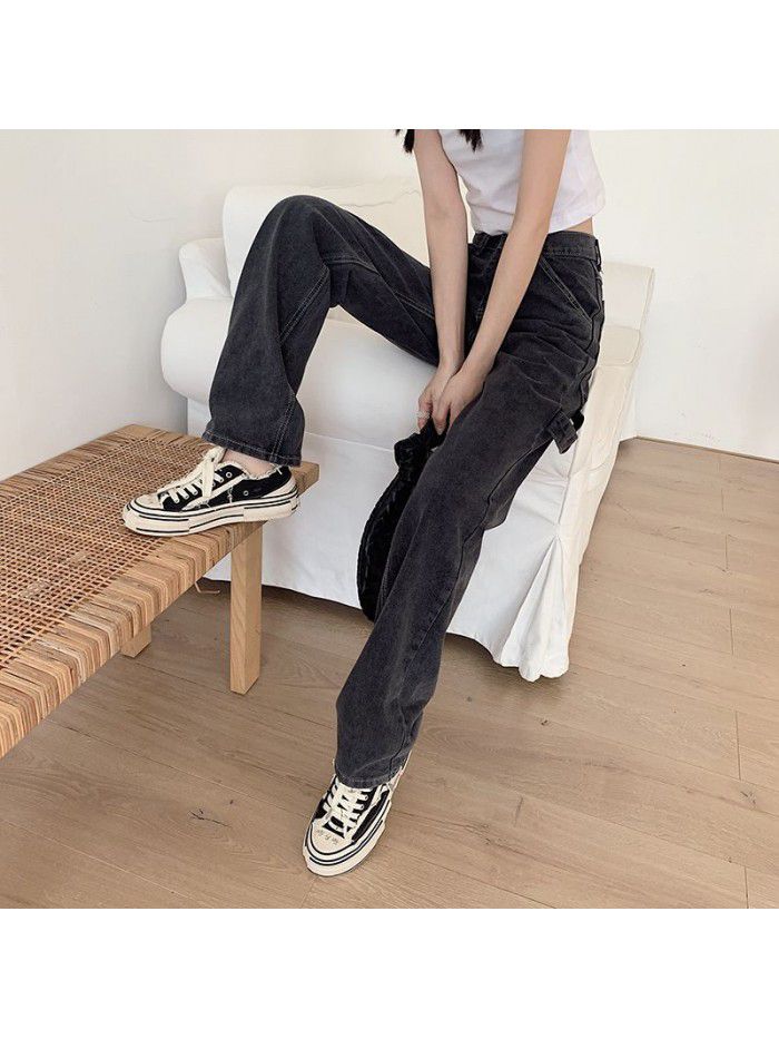 Grey jeans women's straight baggy pants  new autumn high waisted slim and wide legged dad pants 