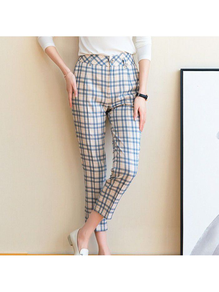 Plaid casual pants women's  summer dress new style foreign style high waist slim slim straight leg pants 