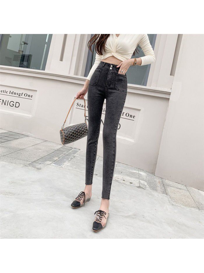  grey jeans women spring autumn high waist tight show thin show high pants small leg pants pencil elastic pants 