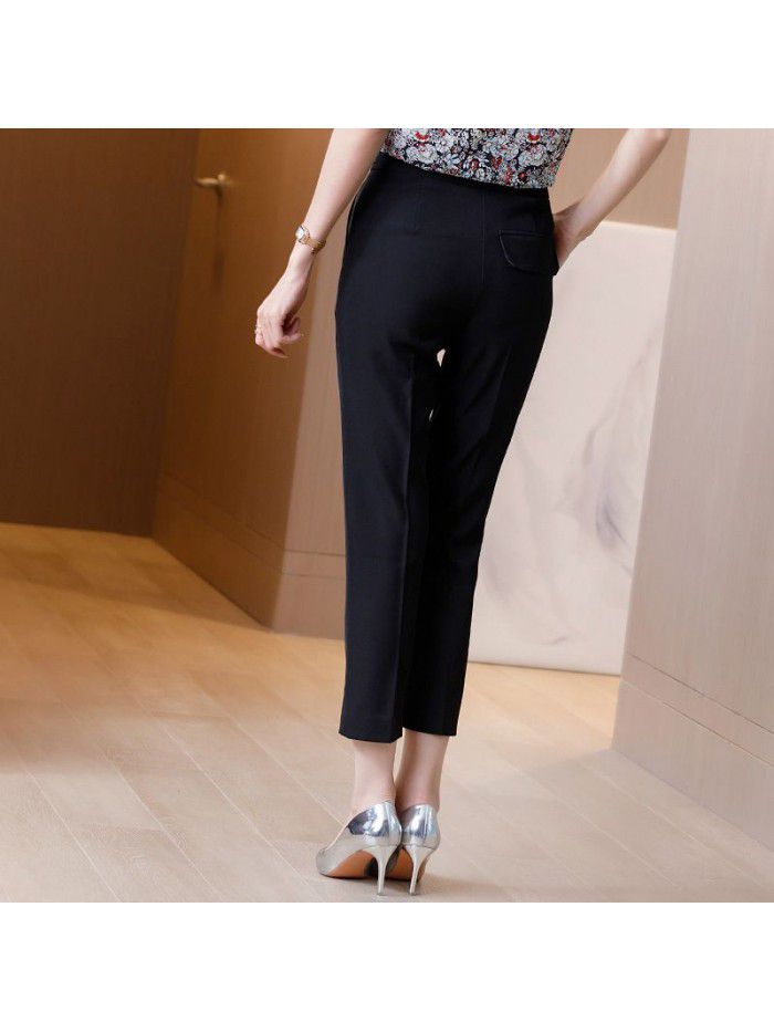 Casual suit pants women's straight tube loose high waist nine point small feet summer thin style versatile slim black pipe pants 